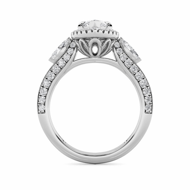 3Cttw Marquise Shaped Lab Grown Diamond (G/VS) Three Stone Halo Enagement Ring in 14K Gold