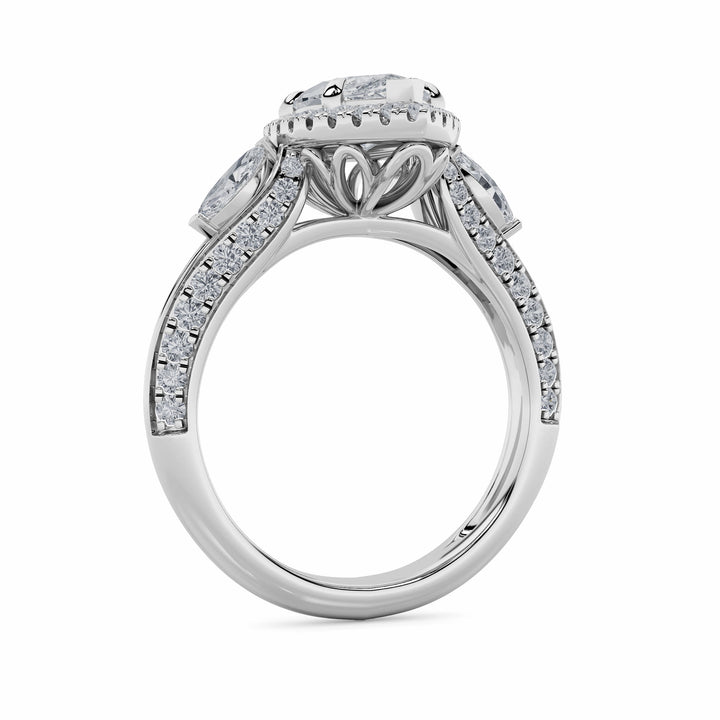 3Cttw Marquise Shaped Lab Grown Diamond (G/VS) Three Stone Halo Enagement Ring in 14K Gold