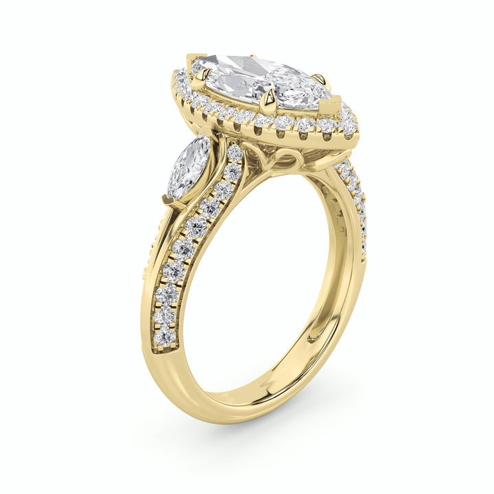 3Cttw Marquise Shaped Lab Grown Diamond (G/VS) Three Stone Halo Enagement Ring in 14K Gold