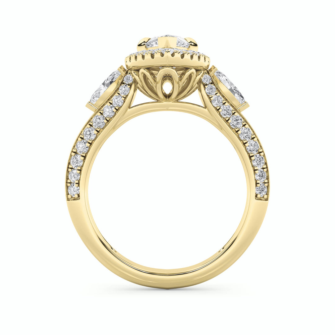 3Cttw Marquise Shaped Lab Grown Diamond (G/VS) Three Stone Halo Enagement Ring in 14K Gold