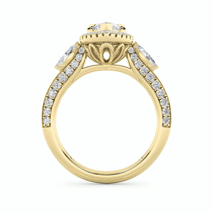 3Cttw Marquise Shaped Lab Grown Diamond (G/VS) Three Stone Halo Enagement Ring in 14K Gold