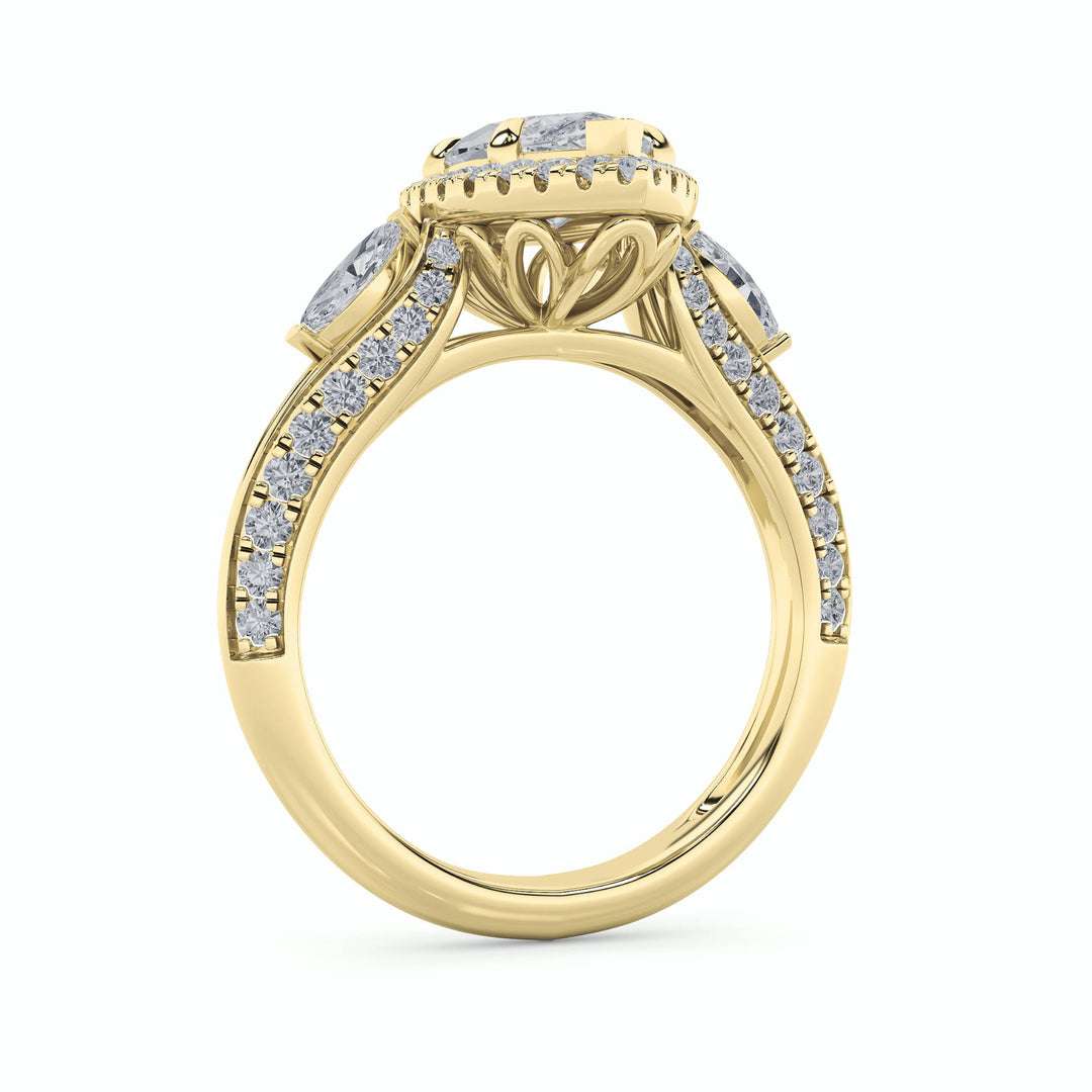 3Cttw Marquise Shaped Lab Grown Diamond (G/VS) Three Stone Halo Enagement Ring in 14K Gold