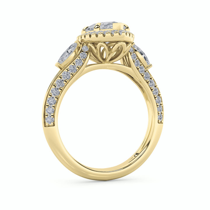 3Cttw Marquise Shaped Lab Grown Diamond (G/VS) Three Stone Halo Enagement Ring in 14K Gold