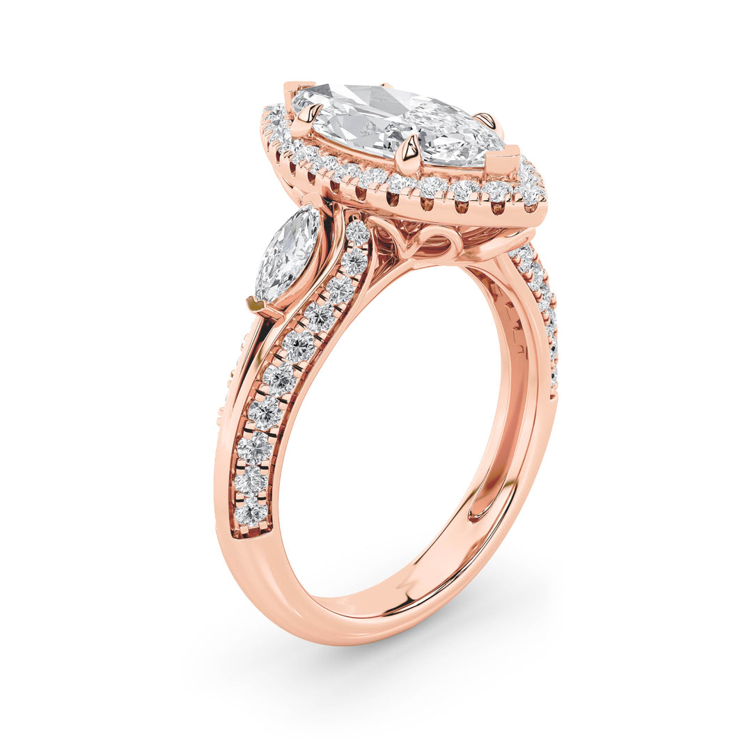 3Cttw Marquise Shaped Lab Grown Diamond (F/VS) Three Stone Halo Enagement Ring in 14K Gold