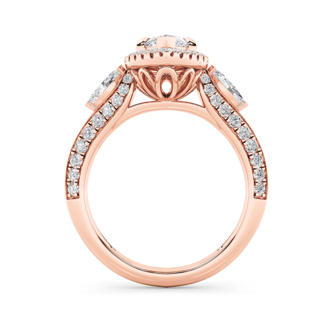 3Cttw Marquise Shaped Lab Grown Diamond (F/VS) Three Stone Halo Enagement Ring in 14K Gold