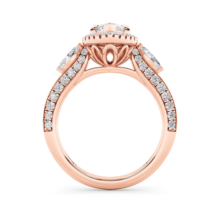 3Cttw Marquise Shaped Lab Grown Diamond (F/VS) Three Stone Halo Enagement Ring in 14K Gold