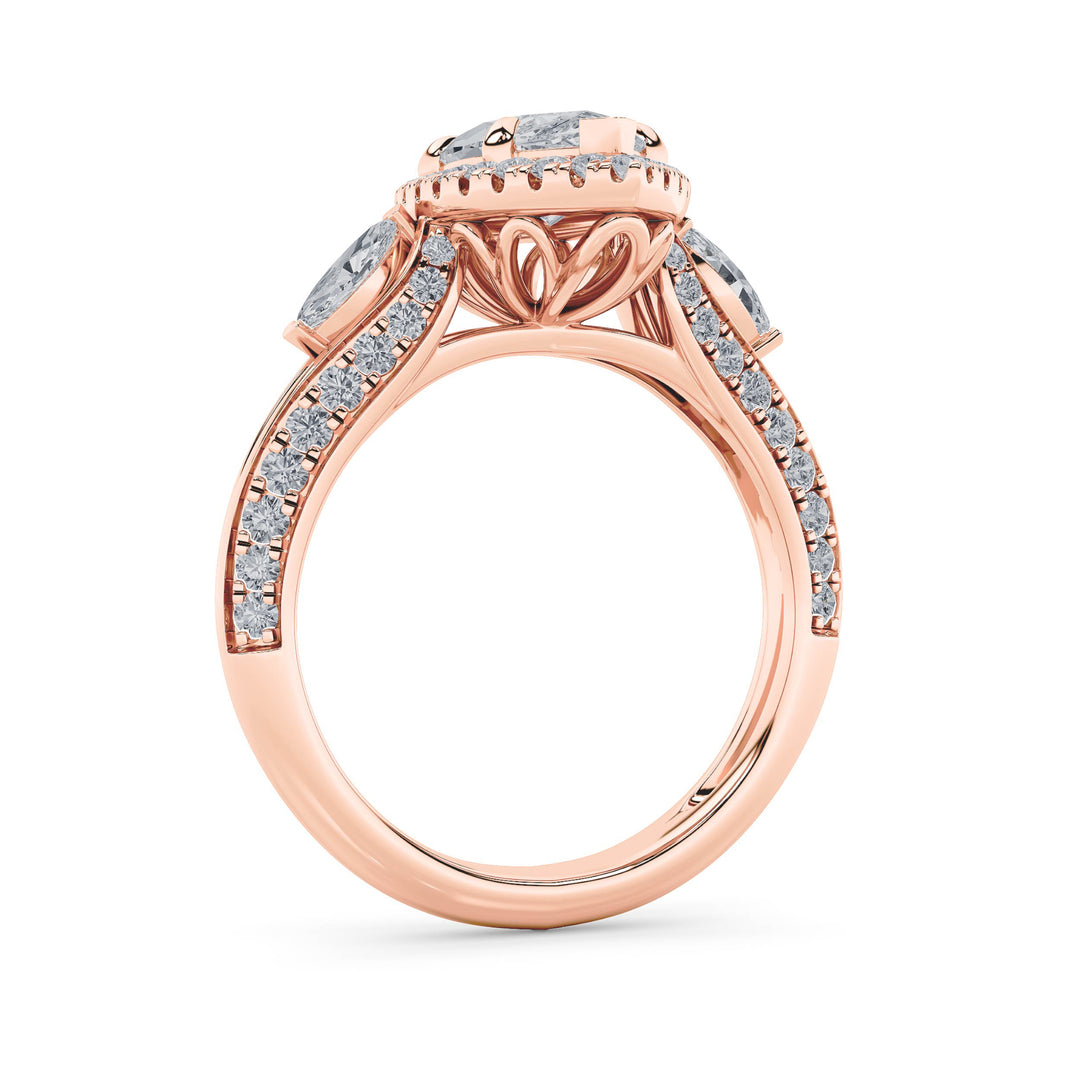 3Cttw Marquise Shaped Lab Grown Diamond (F/VS) Three Stone Halo Enagement Ring in 14K Gold