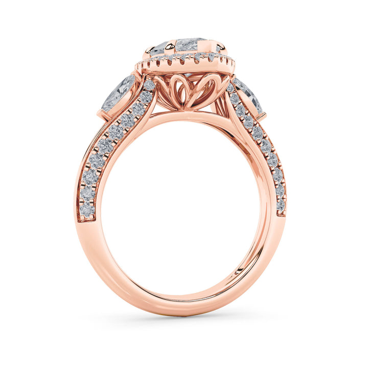 3Cttw Marquise Shaped Lab Grown Diamond (F/VS) Three Stone Halo Enagement Ring in 14K Gold