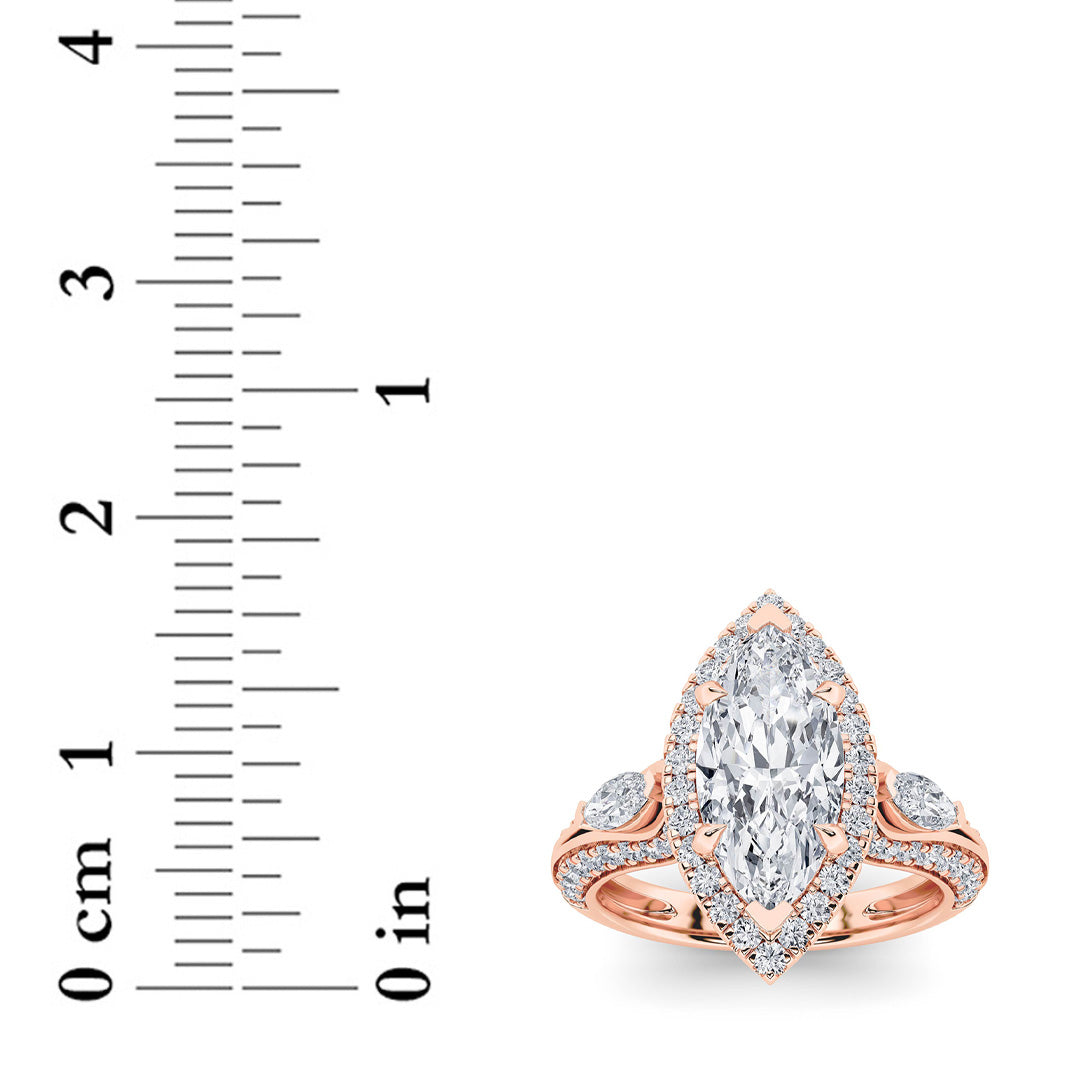 3Cttw Marquise Shaped Lab Grown Diamond (F/VS) Three Stone Halo Enagement Ring in 14K Gold