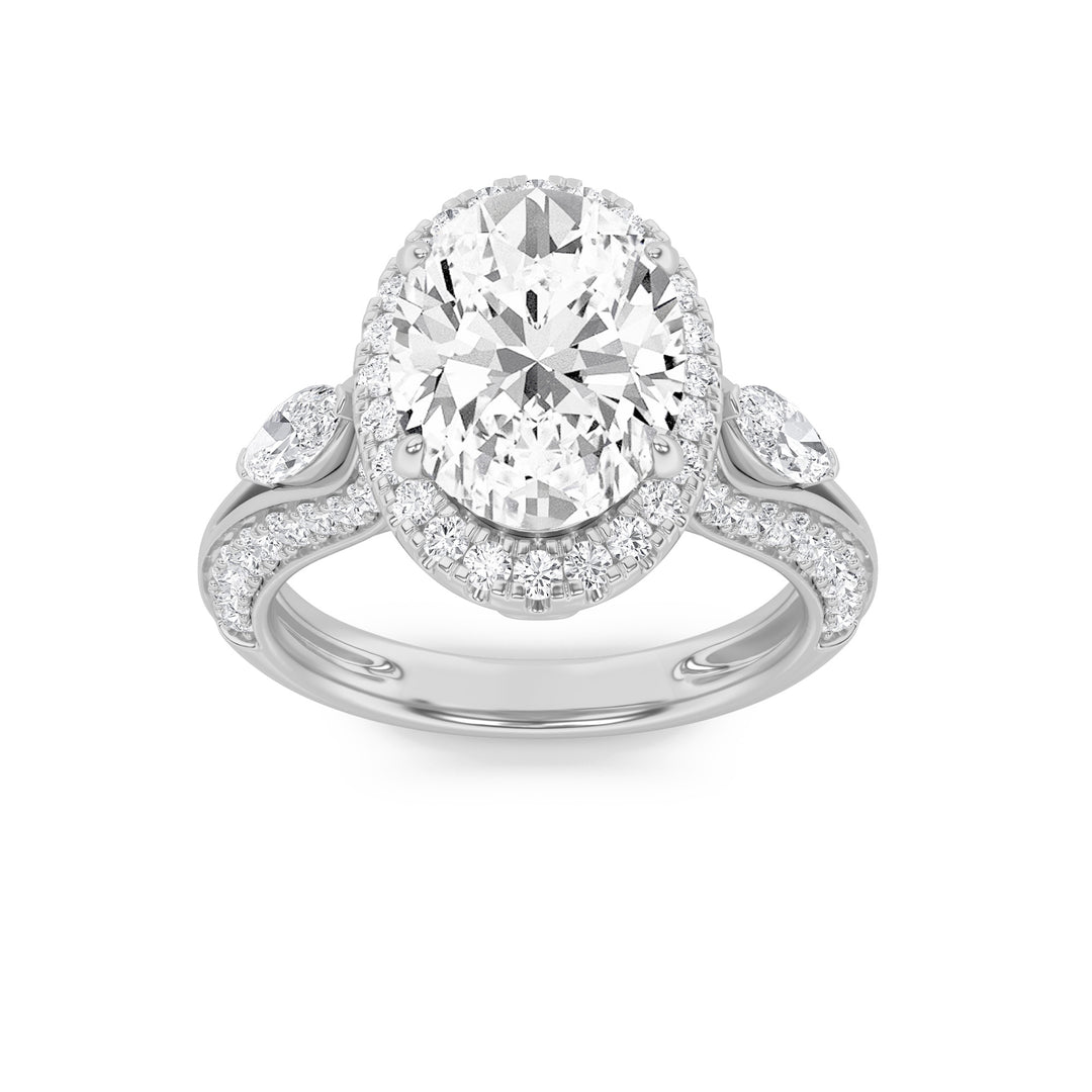 3Cttw Oval Shaped Lab Grown Diamond (F/VS) Three Stone Halo Enagement Ring in 14K Gold