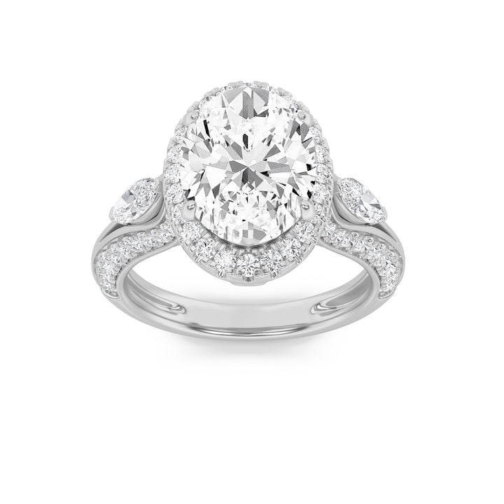 3Cttw Oval Shaped Lab Grown Diamond (F/VS) Three Stone Halo Enagement Ring in 14K Gold