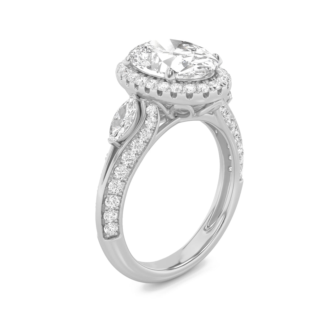 3Cttw Oval Shaped Lab Grown Diamond (F/VS) Three Stone Halo Enagement Ring in 14K Gold
