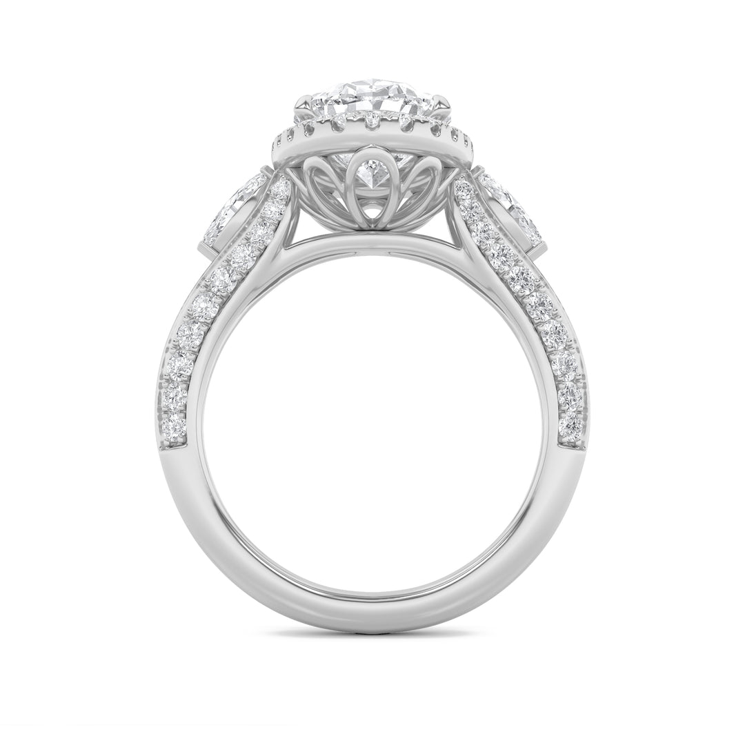 3Cttw Oval Shaped Lab Grown Diamond (F/VS) Three Stone Halo Enagement Ring in 14K Gold