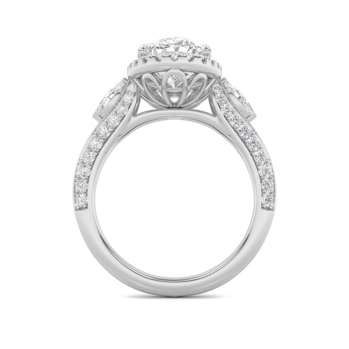 3Cttw Oval Shaped Lab Grown Diamond (F/VS) Three Stone Halo Enagement Ring in 14K Gold
