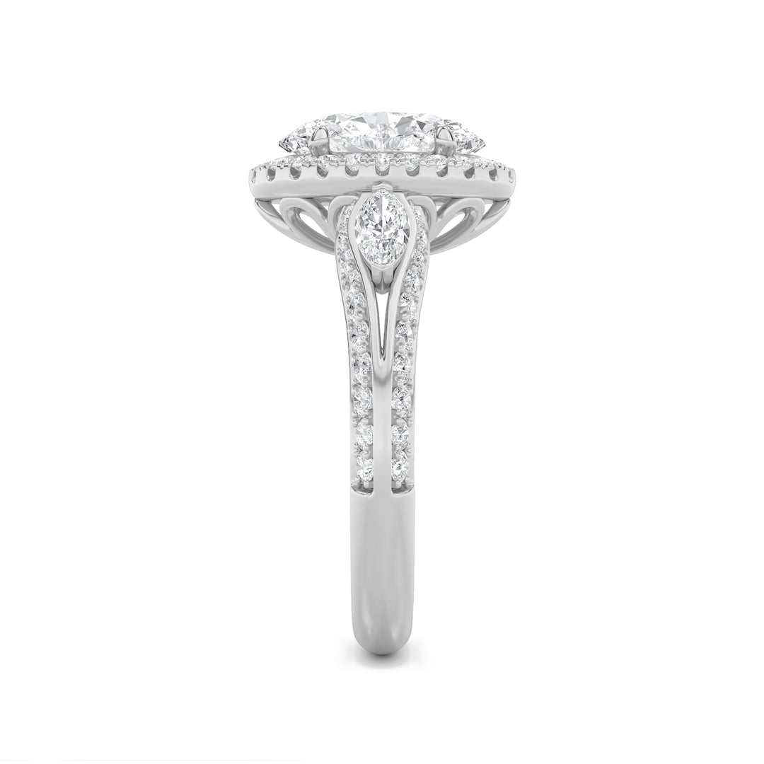 3Cttw Oval Shaped Lab Grown Diamond (F/VS) Three Stone Halo Enagement Ring in 14K Gold