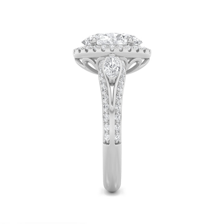 3Cttw Oval Shaped Lab Grown Diamond (F/VS) Three Stone Halo Enagement Ring in 14K Gold