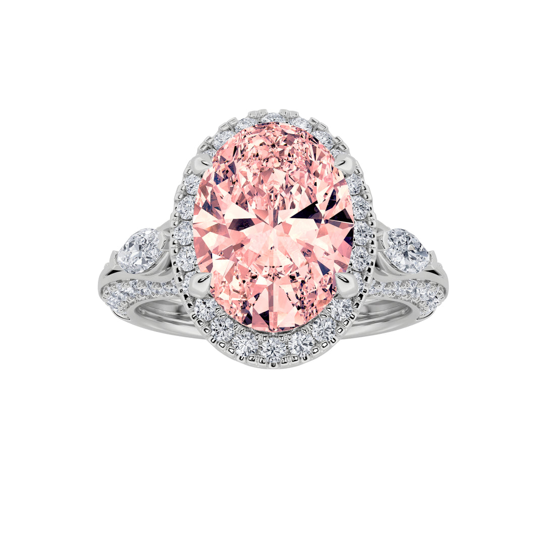 3Cttw Oval Shaped Lab Grown Diamond (F/VS) Three Stone Halo Enagement Ring in 14K Gold