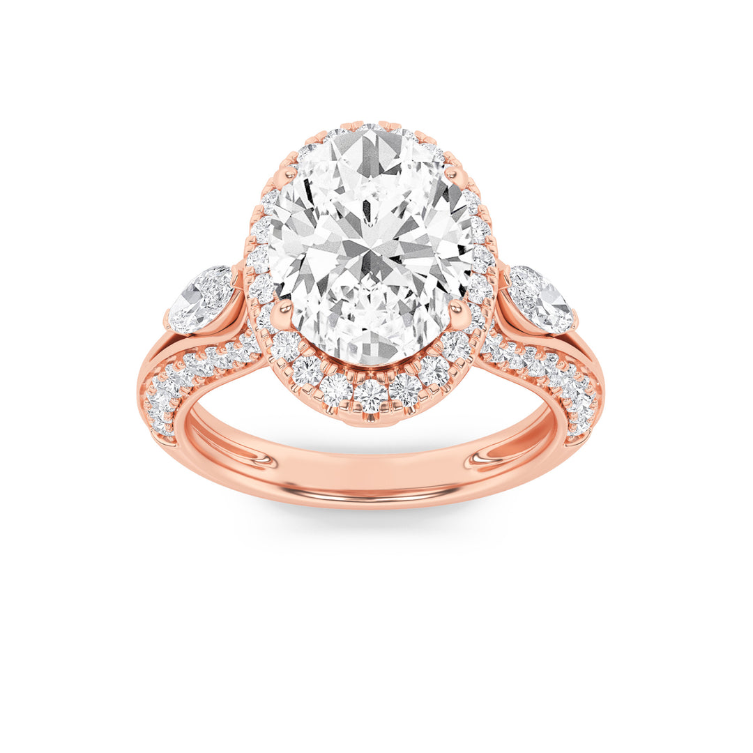 3Cttw Oval Shaped Lab Grown Diamond (F/VS) Three Stone Halo Enagement Ring in 14K Gold
