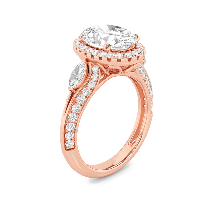 3Cttw Oval Shaped Lab Grown Diamond (F/VS) Three Stone Halo Enagement Ring in 14K Gold