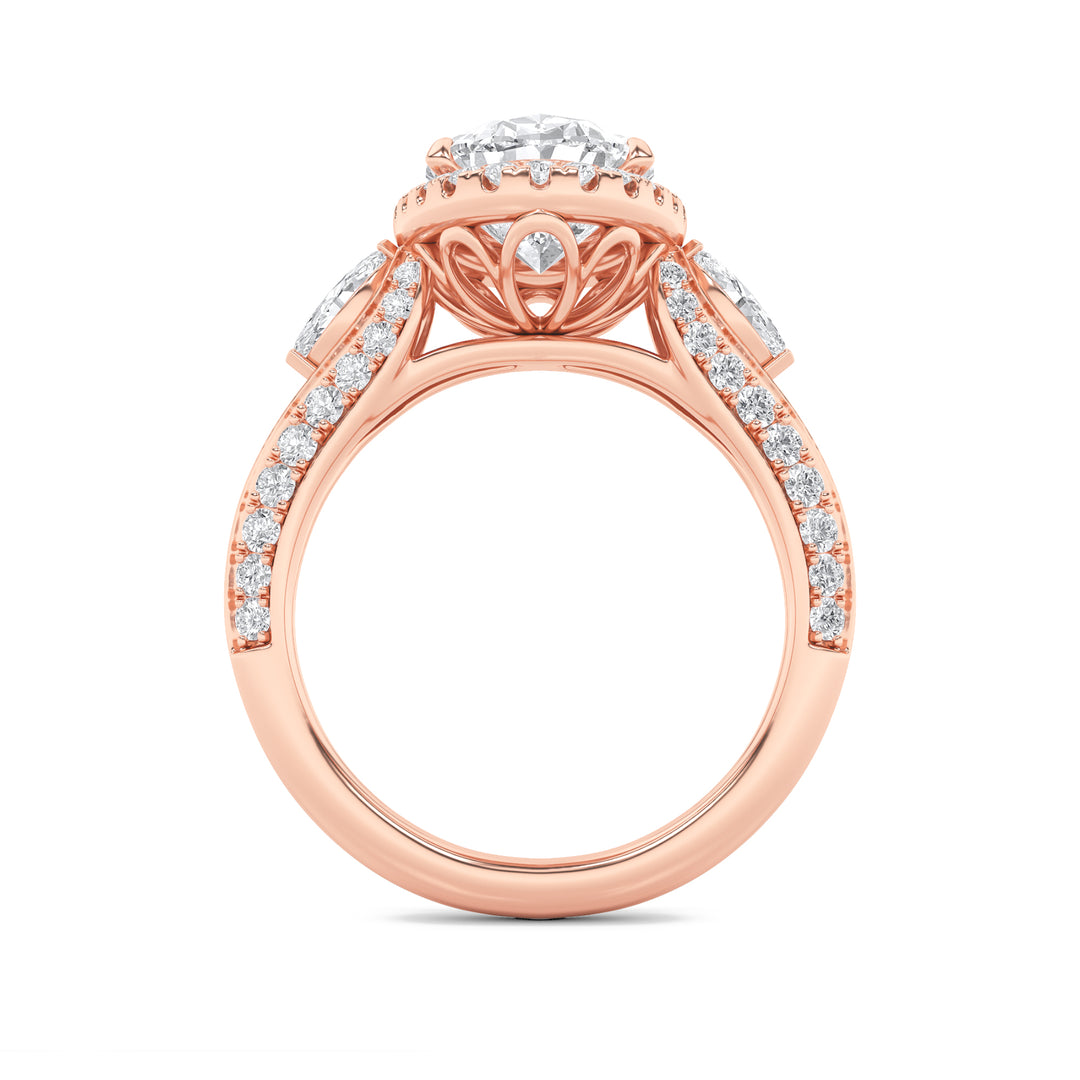 3Cttw Oval Shaped Lab Grown Diamond (F/VS) Three Stone Halo Enagement Ring in 14K Gold