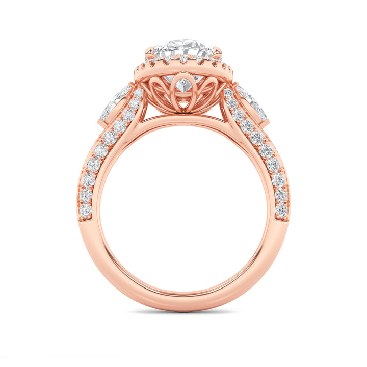 3Cttw Oval Shaped Lab Grown Diamond (F/VS) Three Stone Halo Enagement Ring in 14K Gold