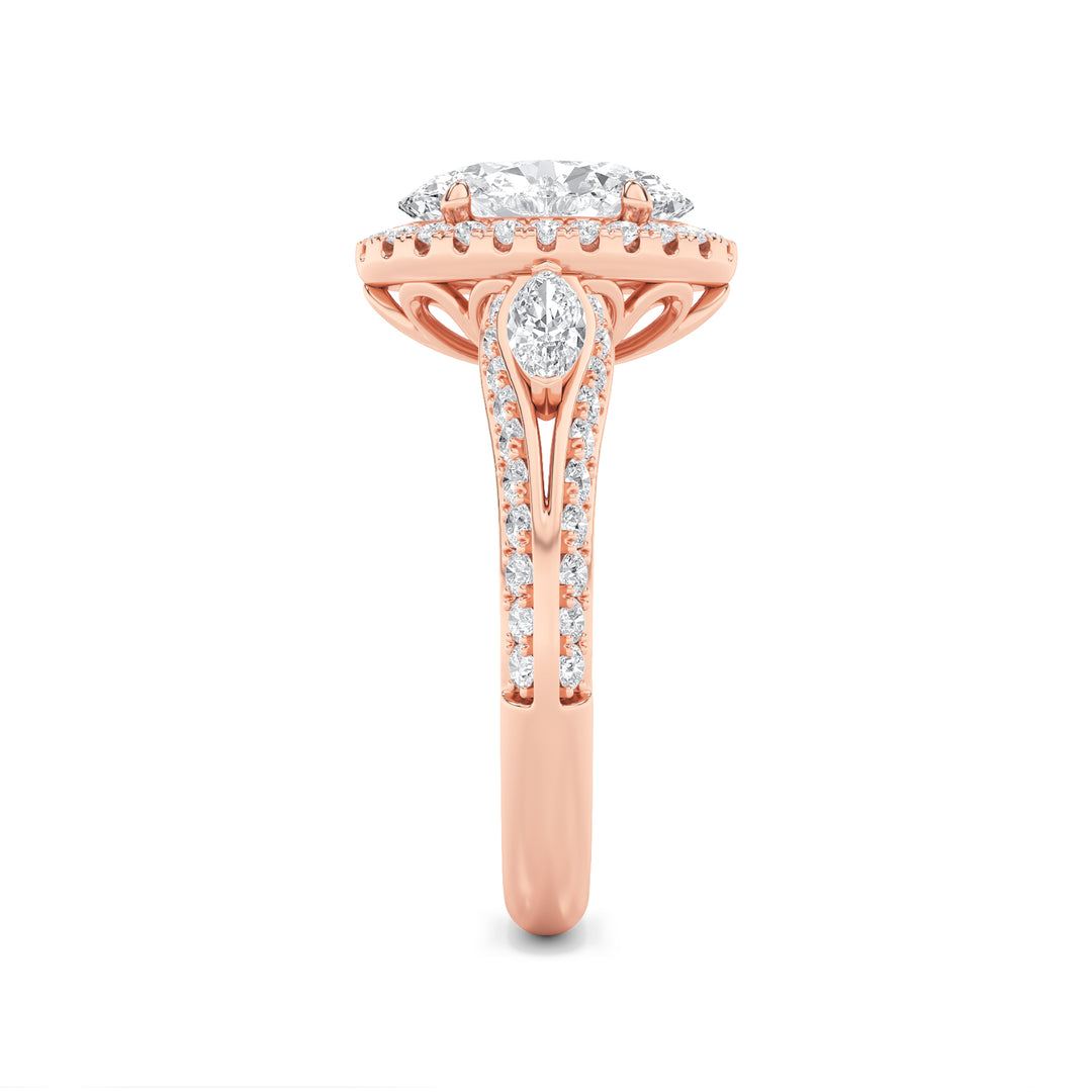 3Cttw Oval Shaped Lab Grown Diamond (F/VS) Three Stone Halo Enagement Ring in 14K Gold