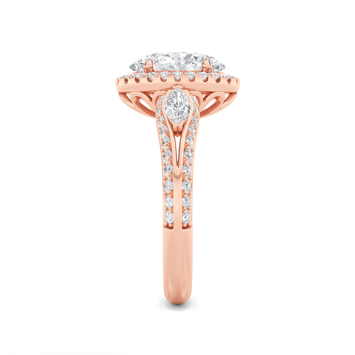 3Cttw Oval Shaped Lab Grown Diamond (F/VS) Three Stone Halo Enagement Ring in 14K Gold