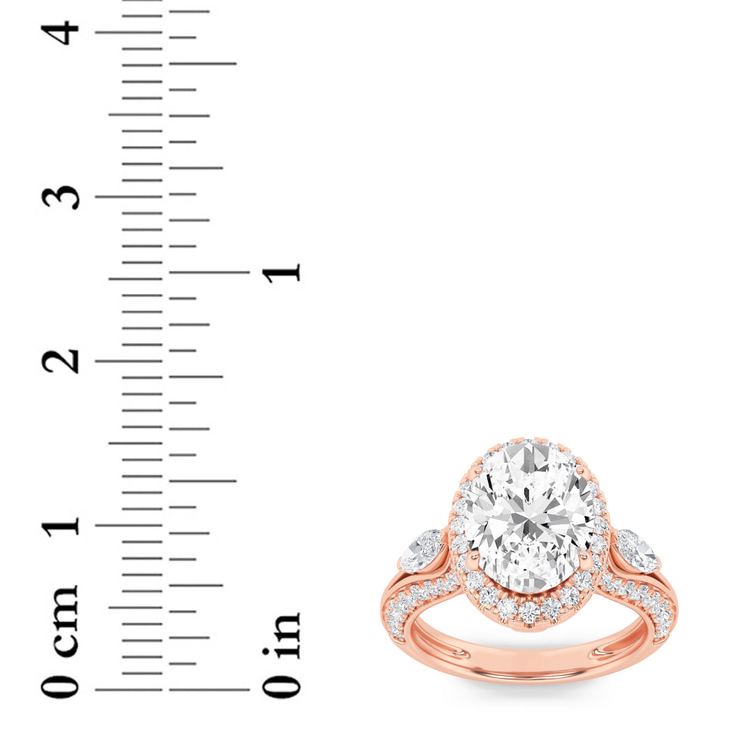 3Cttw Oval Shaped Lab Grown Diamond (F/VS) Three Stone Halo Enagement Ring in 14K Gold