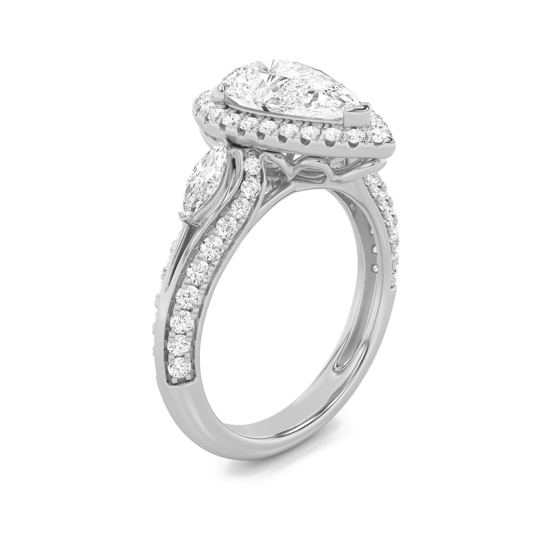 3Cttw Pear Shaped Lab Grown Diamond (F/VS) Three Stone Halo Enagement Ring in 14K Gold