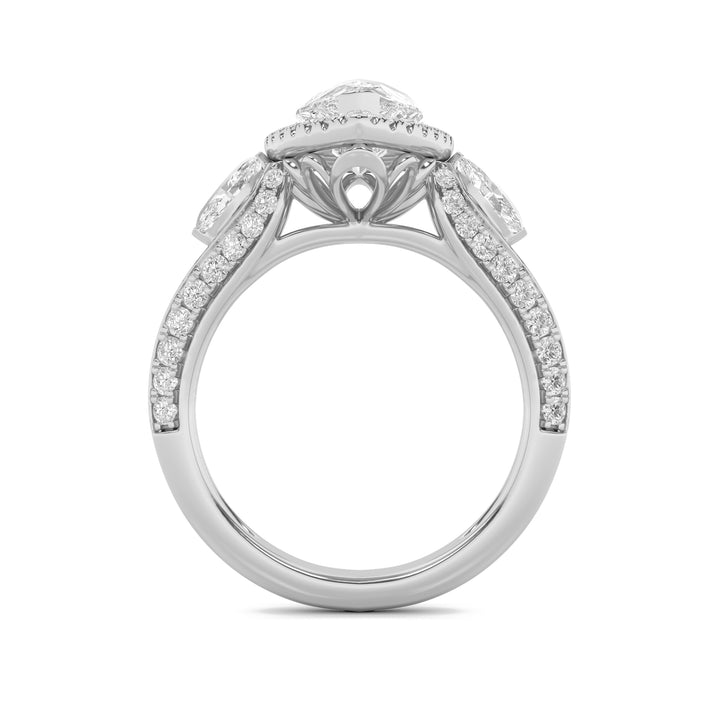 3Cttw Pear Shaped Lab Grown Diamond (F/VS) Three Stone Halo Enagement Ring in 14K Gold