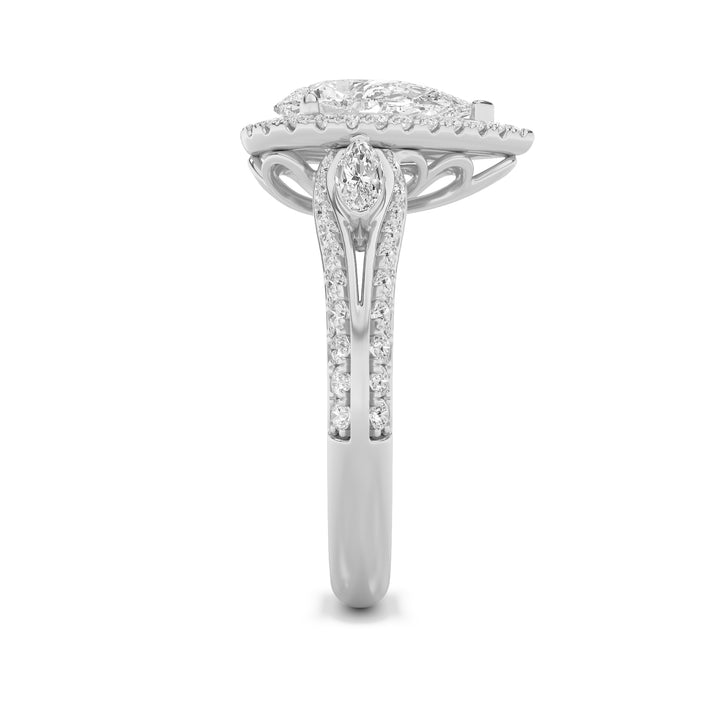3Cttw Pear Shaped Lab Grown Diamond (F/VS) Three Stone Halo Enagement Ring in 14K Gold