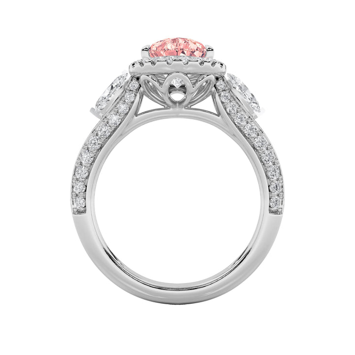 3Cttw Pear Shaped Lab Grown Diamond (F/VS) Three Stone Halo Enagement Ring in 14K Gold