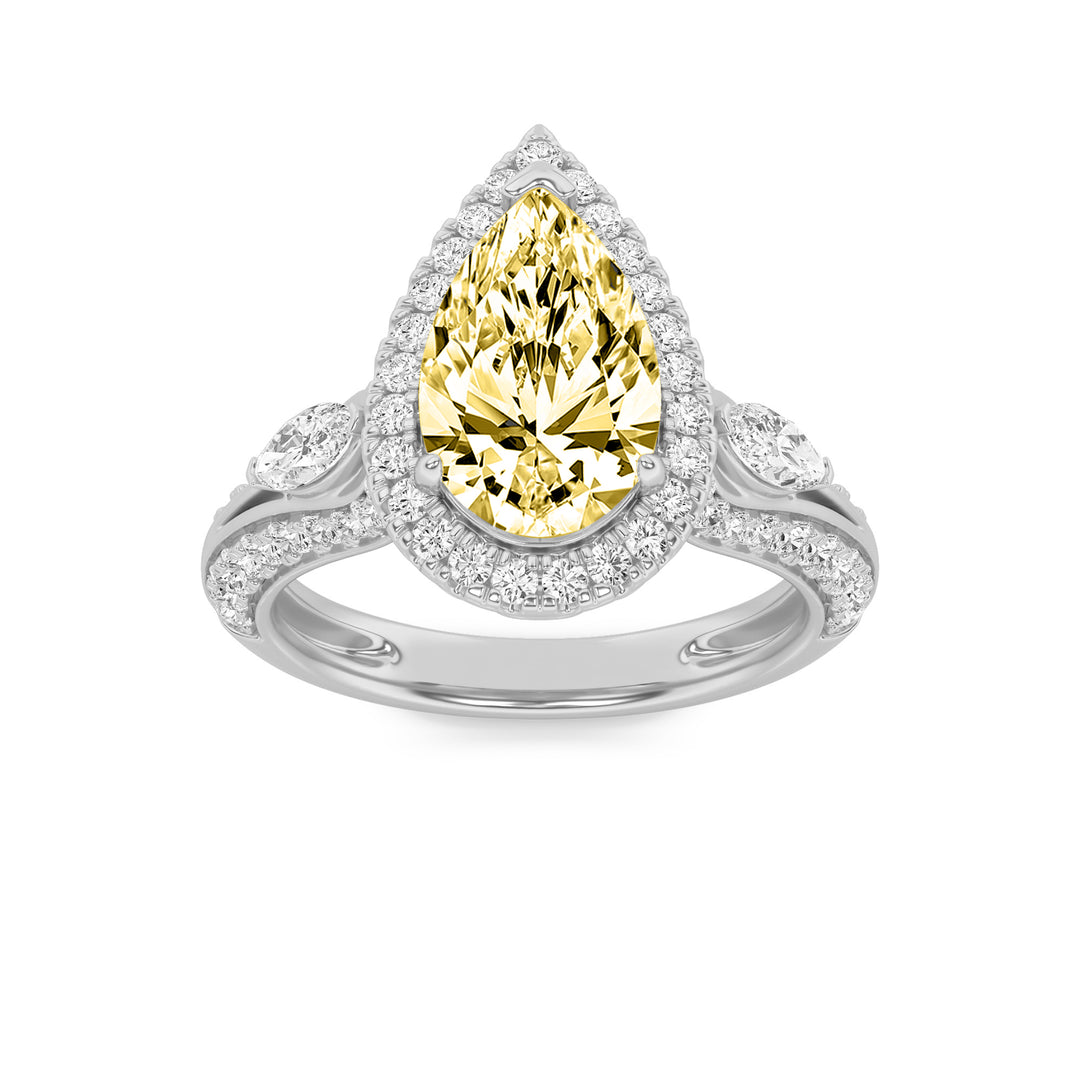 3Cttw Pear Shaped Lab Grown Diamond (F/VS) Three Stone Halo Enagement Ring in 14K Gold
