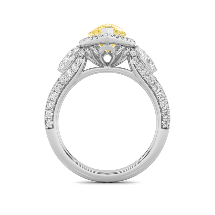 3Cttw Pear Shaped Lab Grown Diamond (F/VS) Three Stone Halo Enagement Ring in 14K Gold
