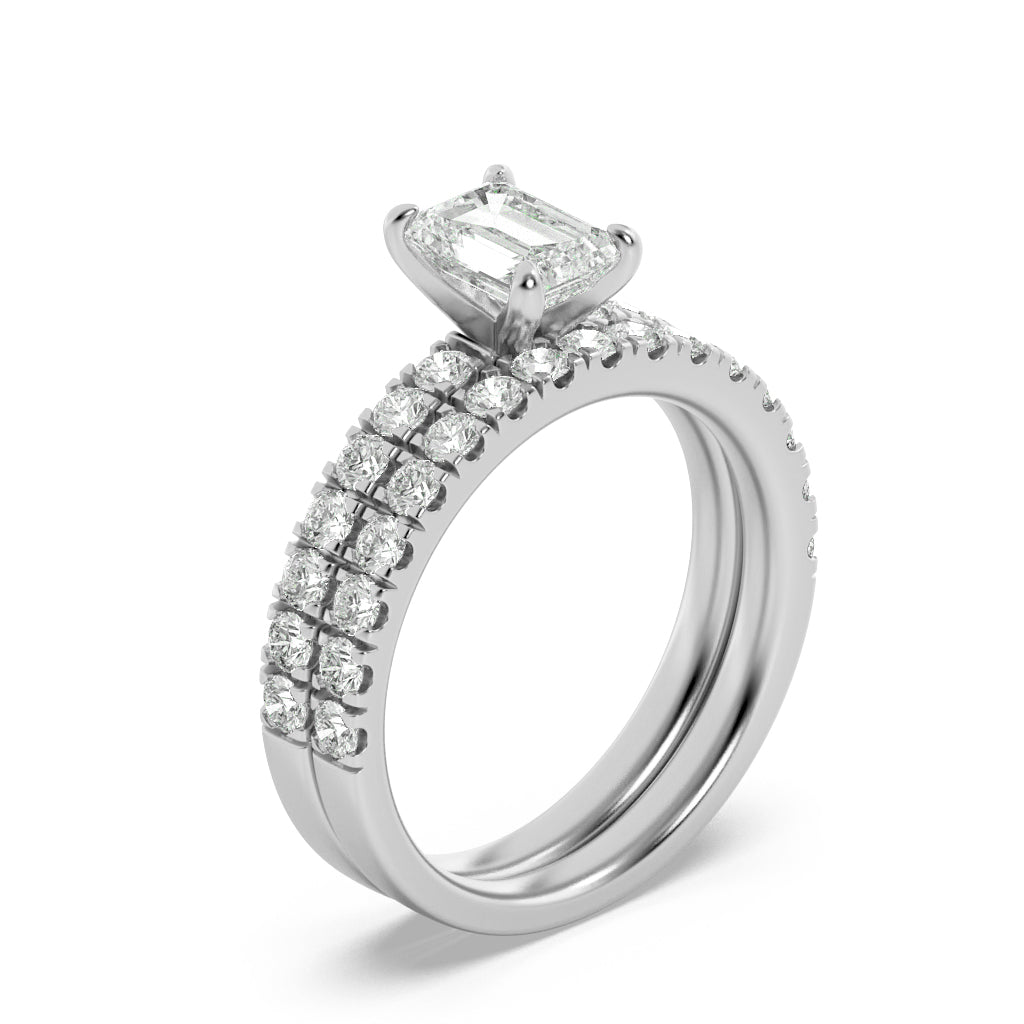 2Cttw Emerald Shaped Lab Grown Diamond (F/VS) Classic Accented  Set With Band and Engagement Ring in 14K Gold