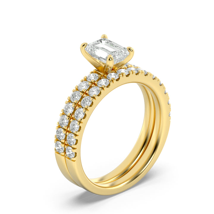 2Cttw Emerald Shaped Lab Grown Diamond (F/VS) Classic Accented  Set With Band and Engagement Ring in 14K Gold