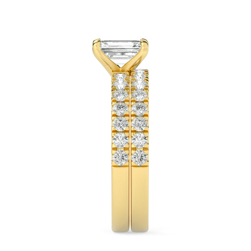 2Cttw Emerald Shaped Lab Grown Diamond (F/VS) Classic Accented  Set With Band and Engagement Ring in 14K Gold