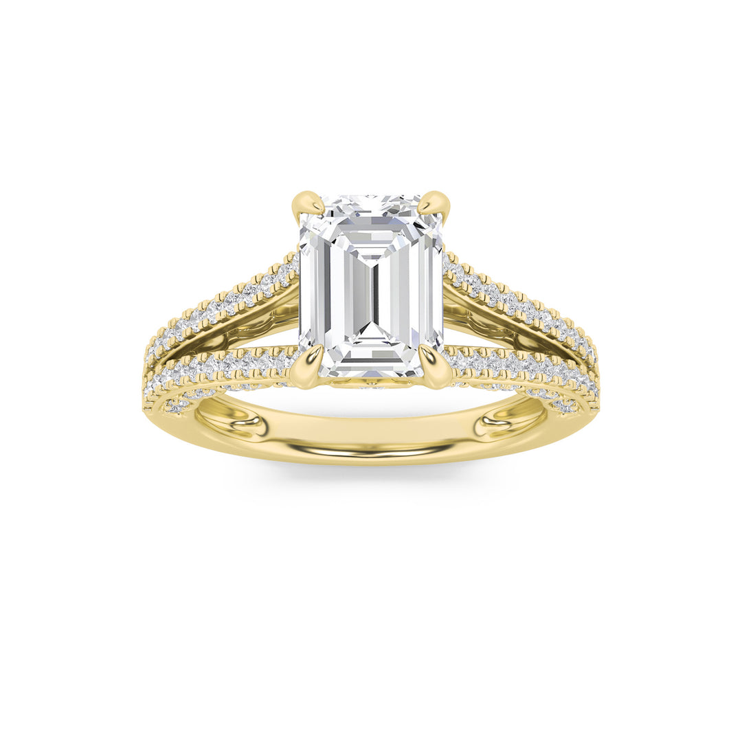 2Cttw Emerald Shaped Lab Grown Diamond (F/VS) Split Shank Accented Engagement Ring in 14K Gold