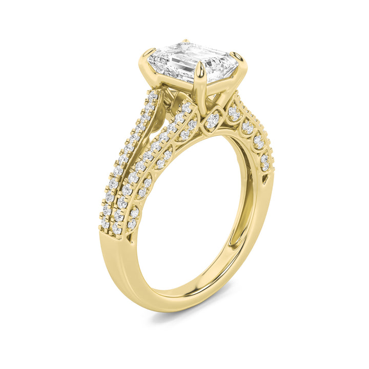 2Cttw Emerald Shaped Lab Grown Diamond (F/VS) Split Shank Accented Engagement Ring in 14K Gold