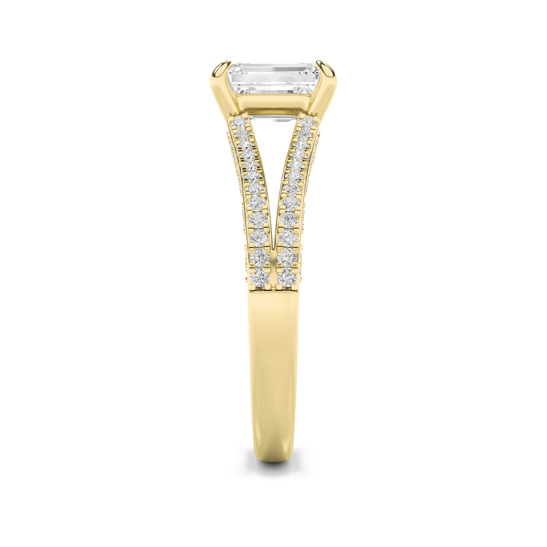 2Cttw Emerald Shaped Lab Grown Diamond (F/VS) Split Shank Accented Engagement Ring in 14K Gold