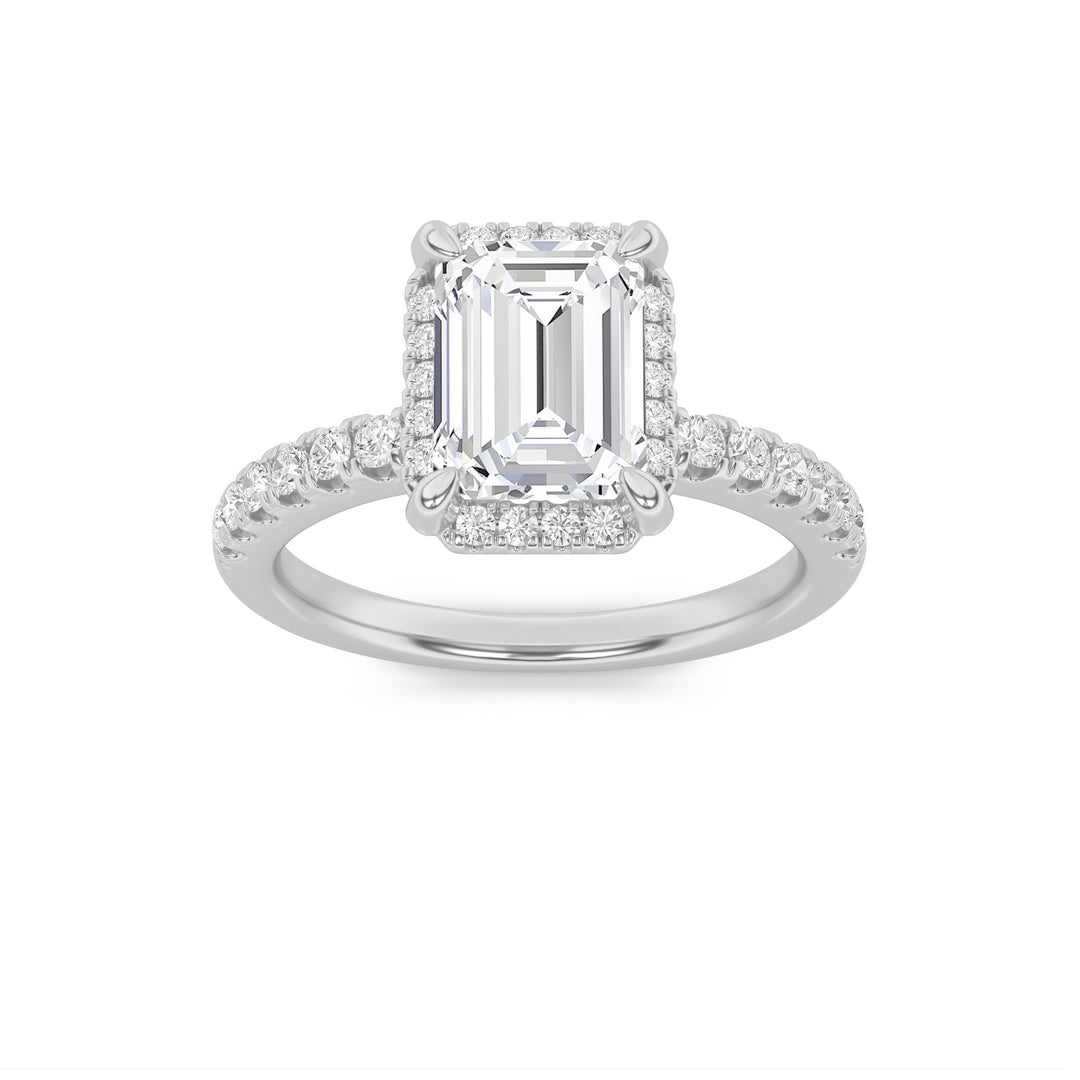 2CTW Emerald Shaped Lab Grown Diamond (F/VS) Halo Accented Engagement Ring in 14K Gold
