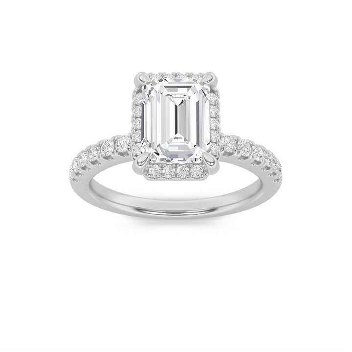 2CTW Emerald Shaped Lab Grown Diamond (F/VS) Halo Accented Engagement Ring in 14K Gold