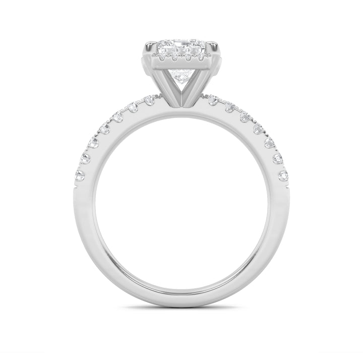 2CTW Emerald Shaped Lab Grown Diamond (F/VS) Halo Accented Engagement Ring in 14K Gold