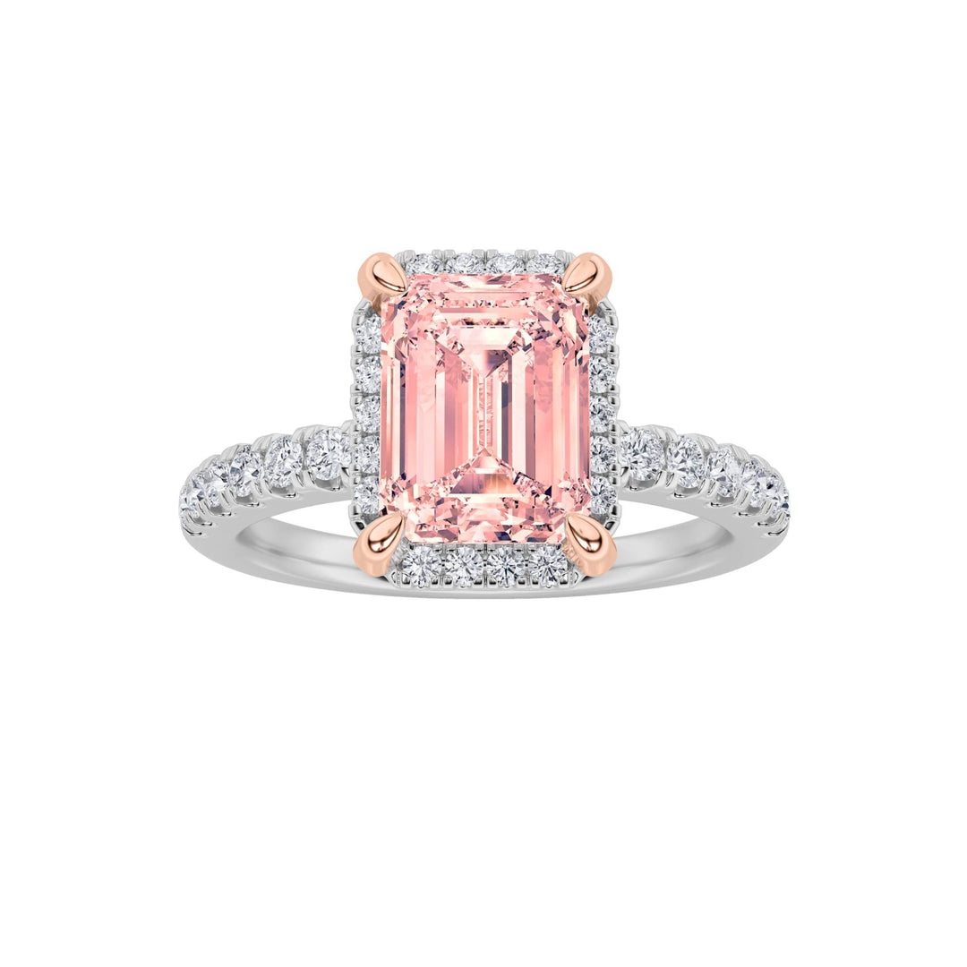2Cttw Emerald Shaped Lab Grown Diamond (F/VS) Halo Accented Engagement Ring in 14K Gold