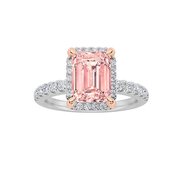 2Cttw Emerald Shaped Lab Grown Diamond (F/VS) Halo Accented Engagement Ring in 14K Gold