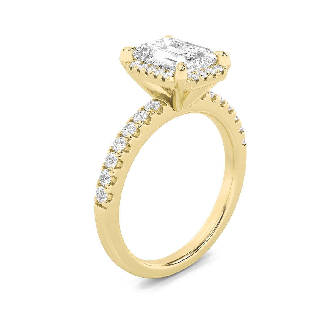 2CTW Emerald Shaped Lab Grown Diamond (G/VS) Halo Accented Engagement Ring in 14K Gold