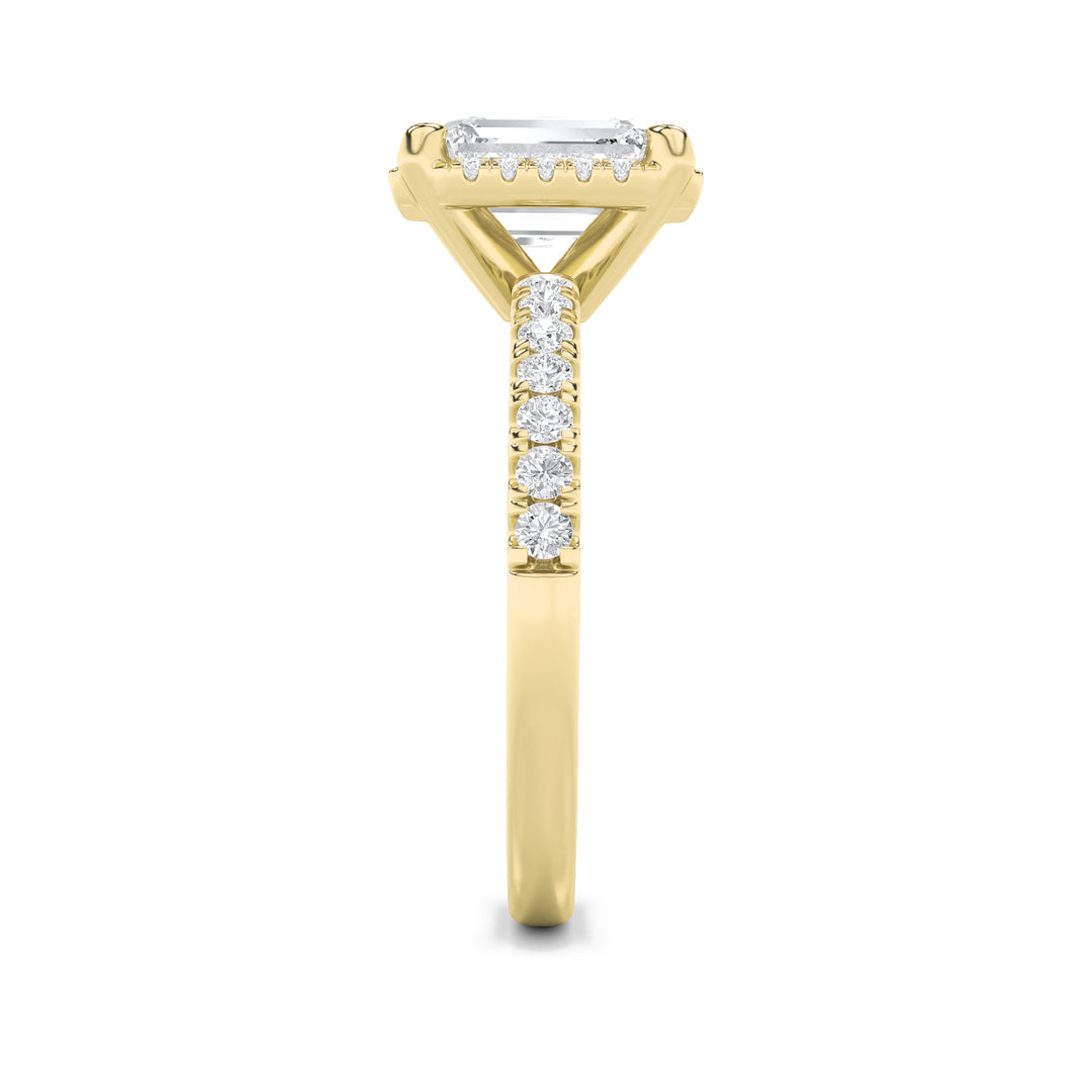 2CTW Emerald Shaped Lab Grown Diamond (G/VS) Halo Accented Engagement Ring in 14K Gold