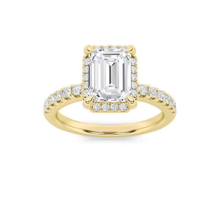 2CTW Emerald Shaped Lab Grown Diamond (G/VS) Halo Accented Engagement Ring in 14K Gold