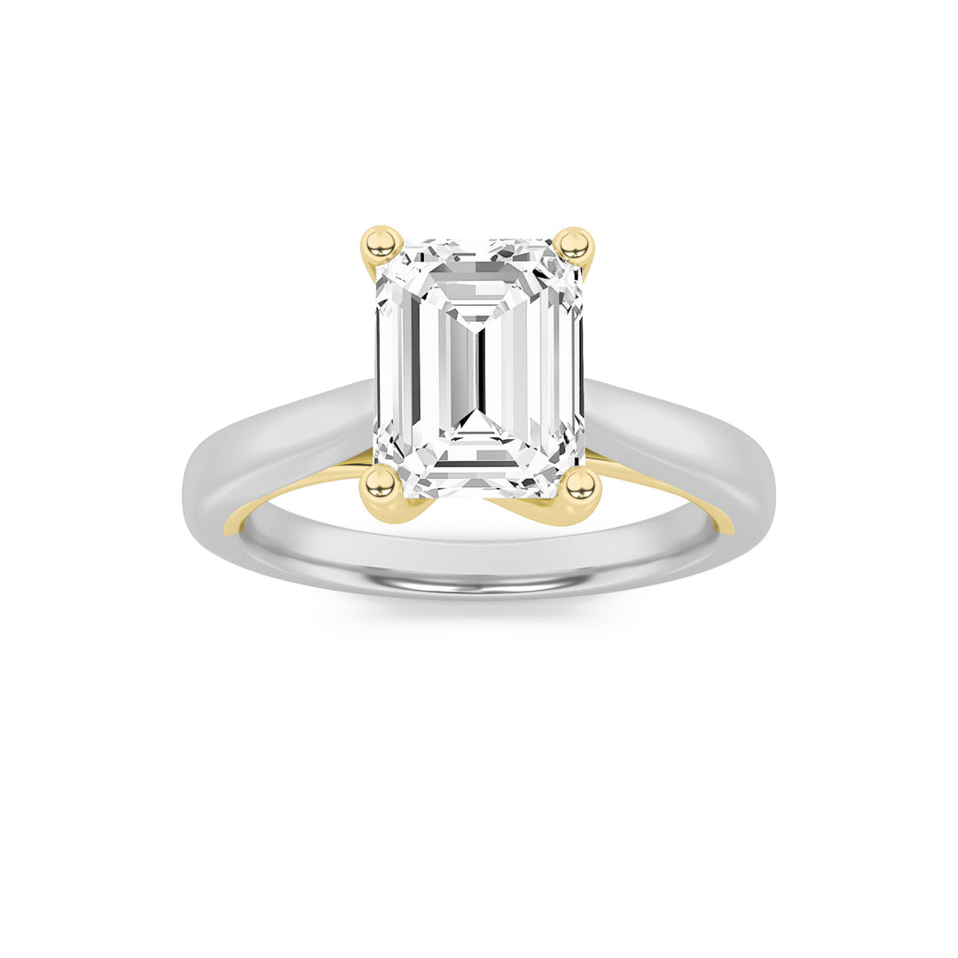 1CTW Emerald Shaped Lab Grown Diamond (F/VS) Two Tone Cathedral Shank Engagement Ring in 14K Gold
