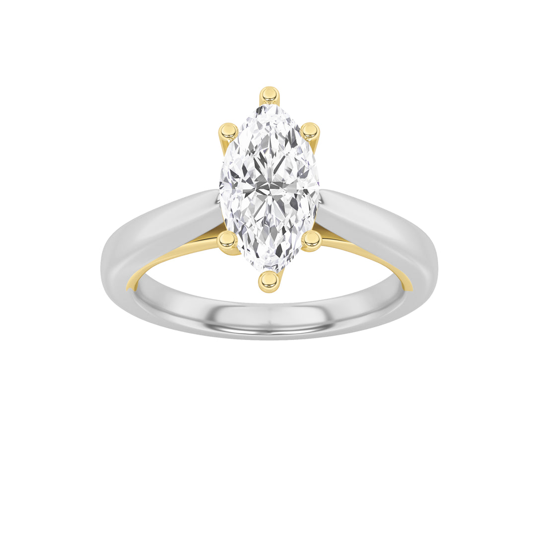 1CTW Marquise Shaped Lab Grown Diamond (F/VS) Two Tone Six Prong Engagement Ring in 14K Gold